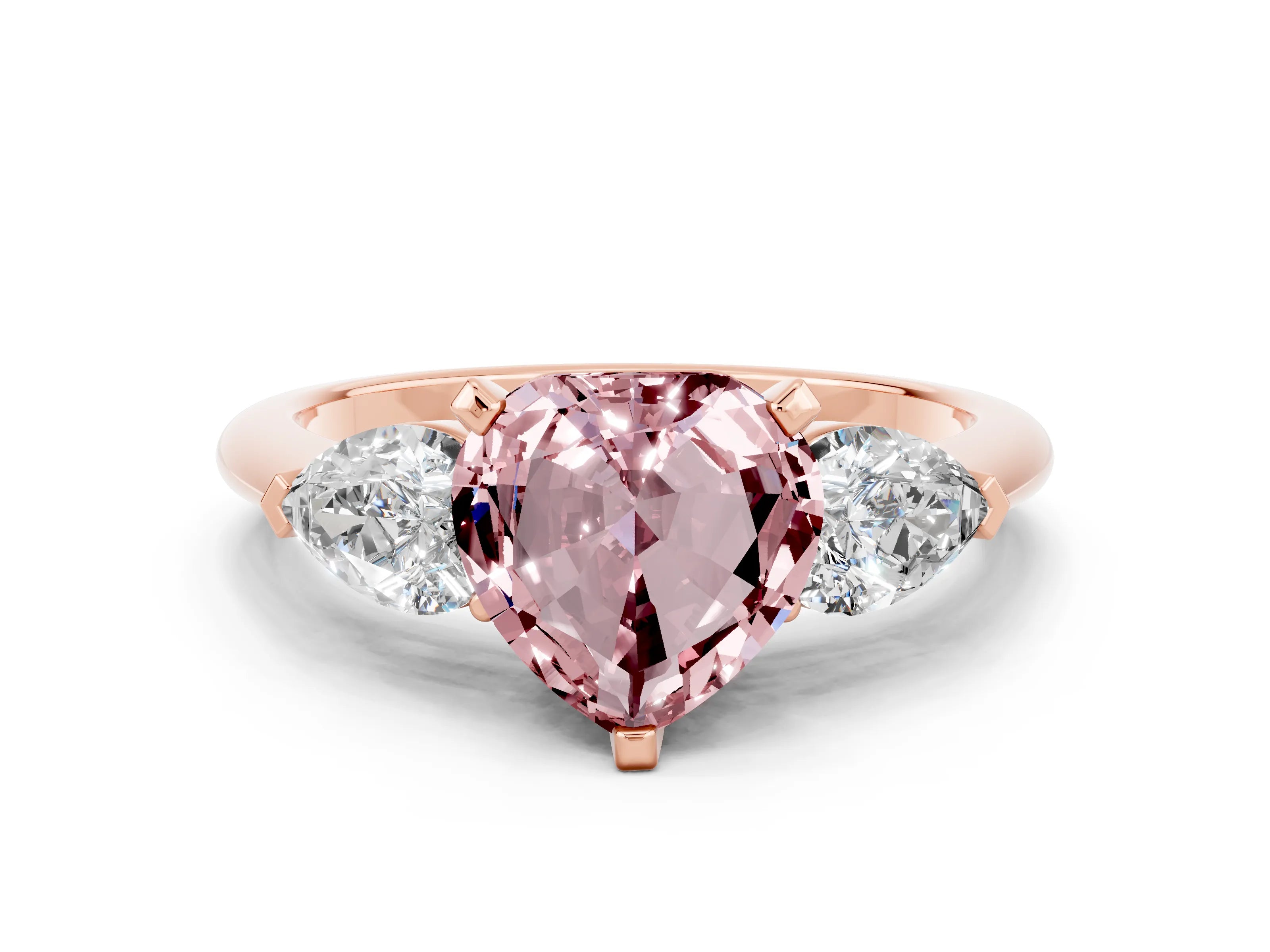 Rose gold Three-Stone Heart Cut Morganite Ring with Pear Side Stones and Four-Prong Setting