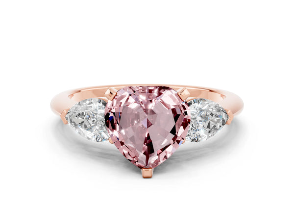 Rose gold Three-Stone Heart Cut Morganite Ring with Pear Side Stones and Four-Prong Setting