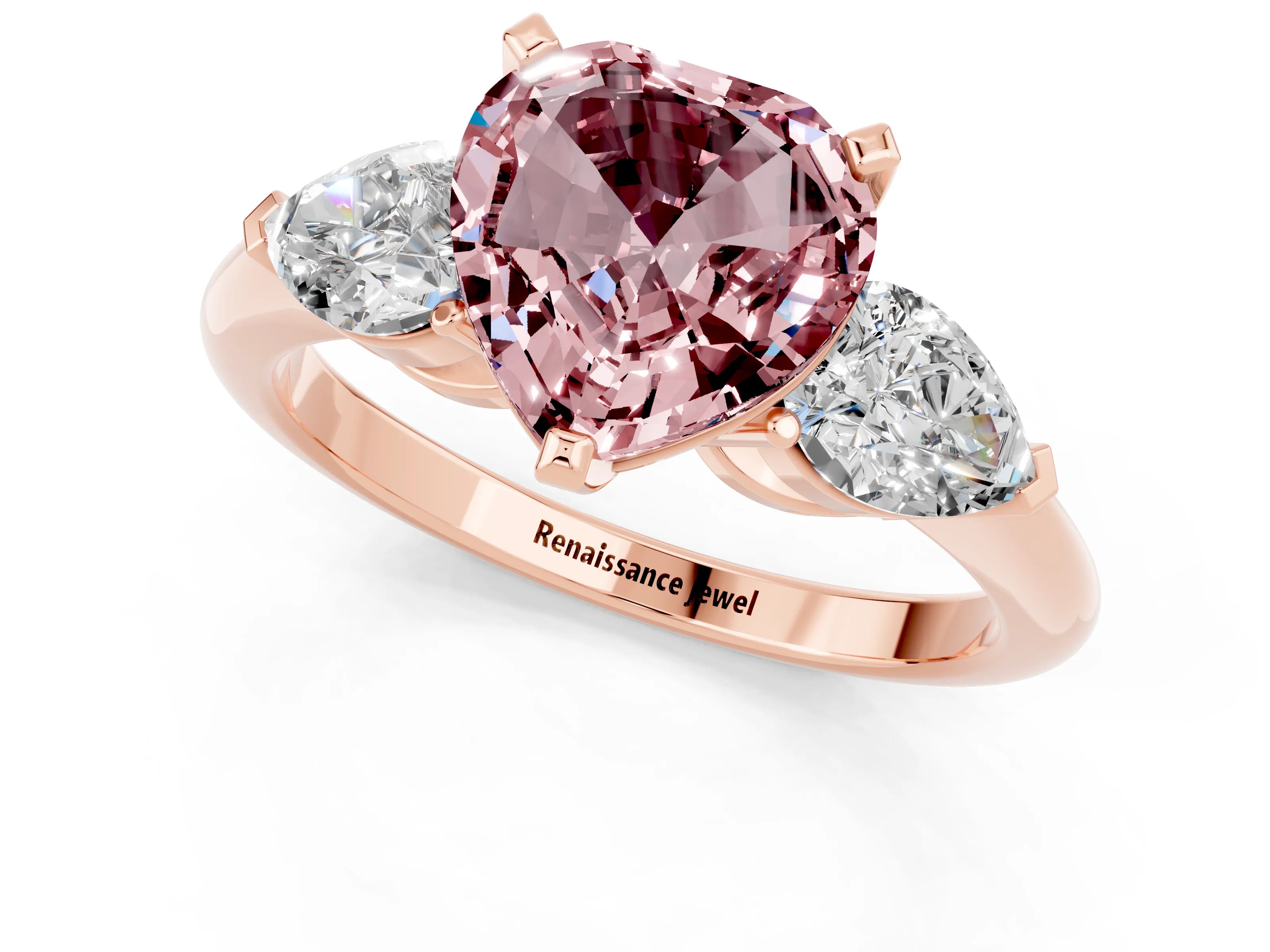 Rose gold Three-Stone Heart Cut Morganite Ring with Pear Side Stones and Four-Prong Setting_1