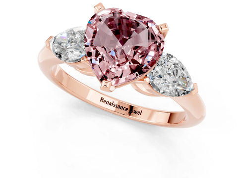 Rose gold Three-Stone Heart Cut Morganite Ring with Pear Side Stones and Four-Prong Setting_1