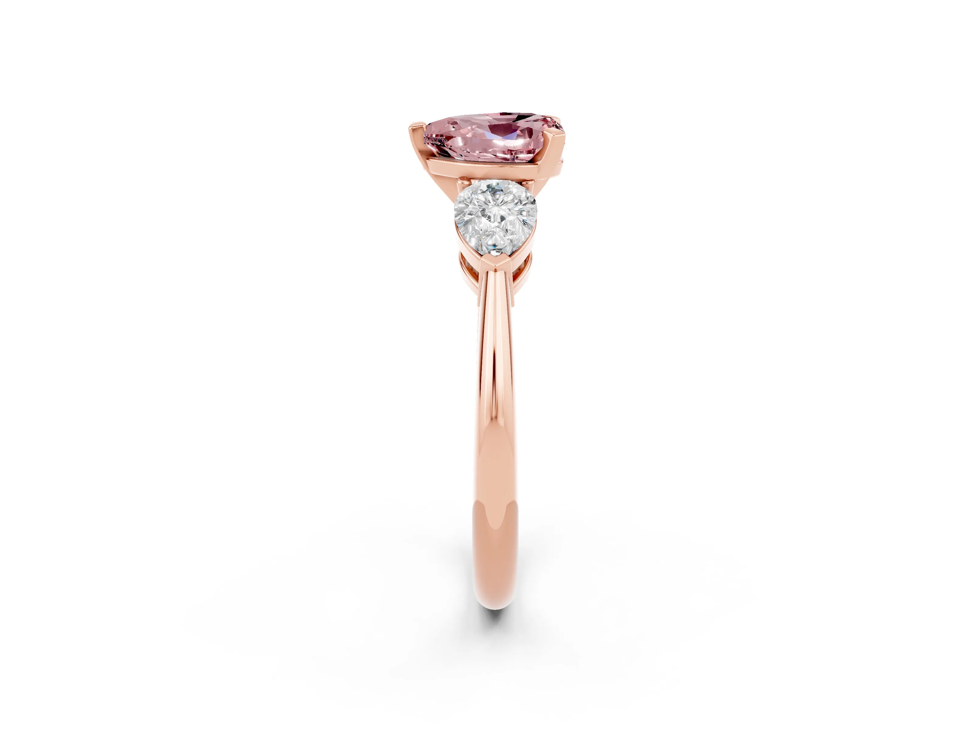 Rose gold Three-Stone Heart Cut Morganite Ring with Pear Side Stones and Four-Prong Setting_2