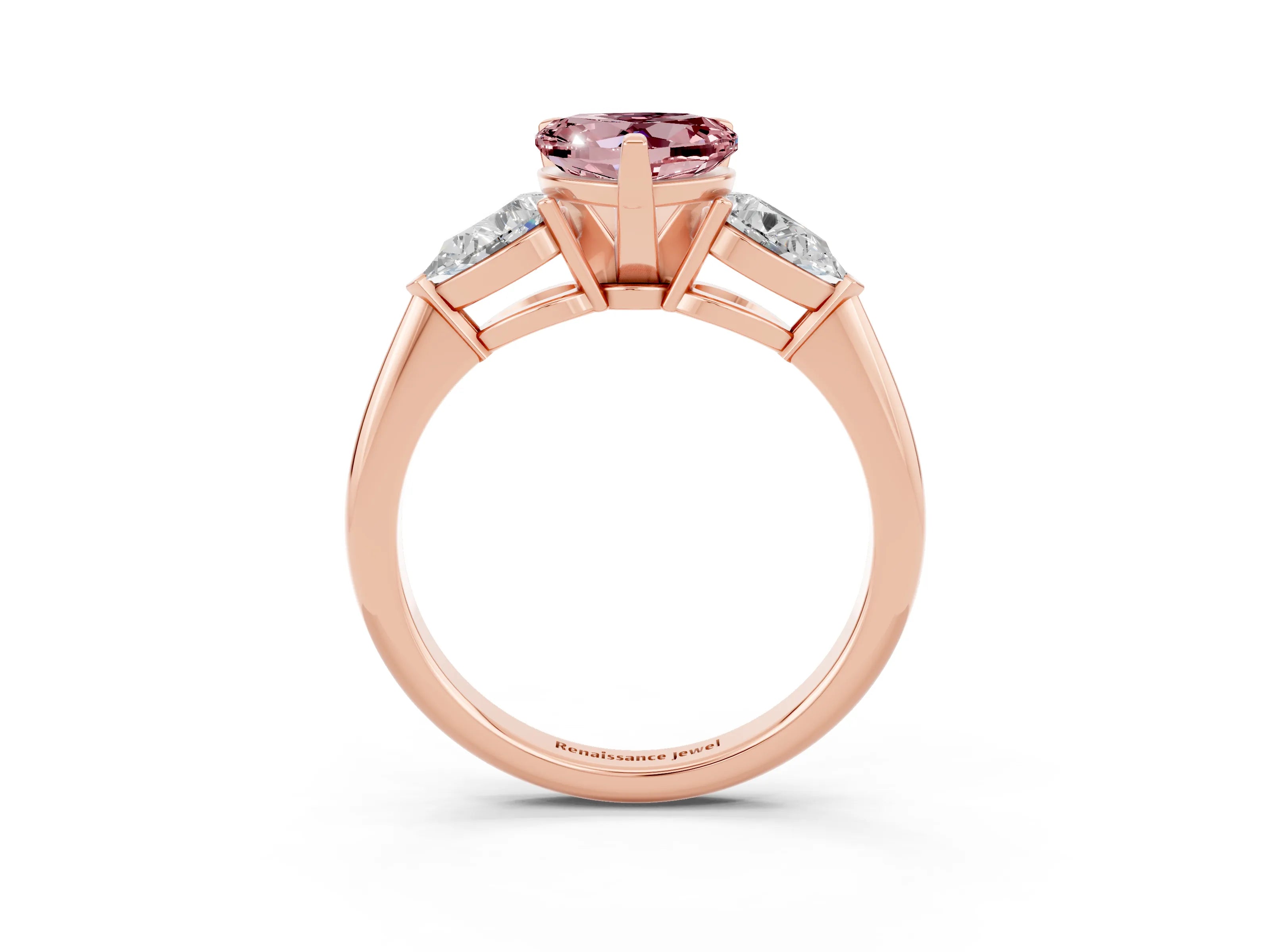 Rose gold Three-Stone Heart Cut Morganite Ring with Pear Side Stones and Four-Prong Setting_3