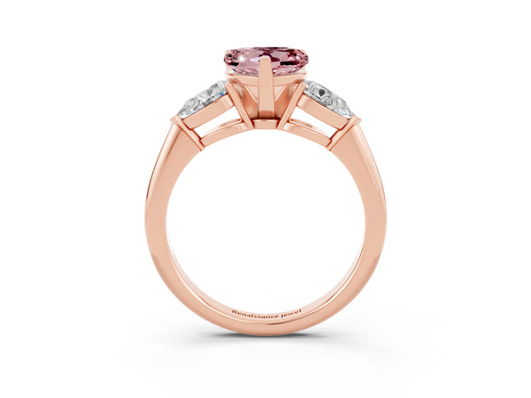 Rose gold Three-Stone Heart Cut Morganite Ring with Pear Side Stones and Four-Prong Setting