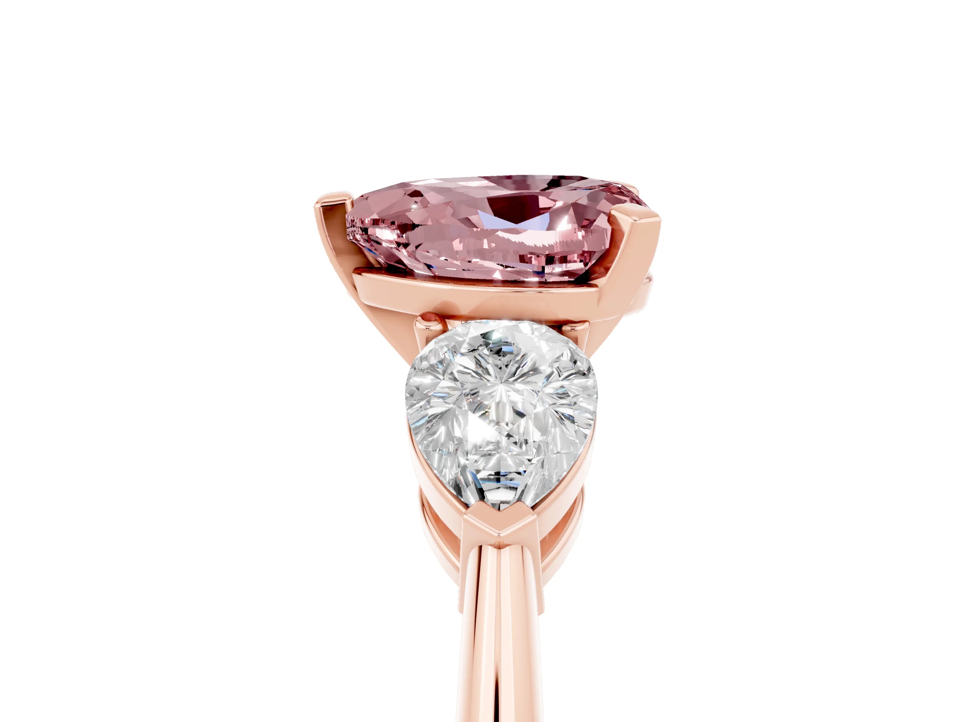Rose gold Three-Stone Heart Cut Morganite Ring with Pear Side Stones and Four-Prong Setting_5