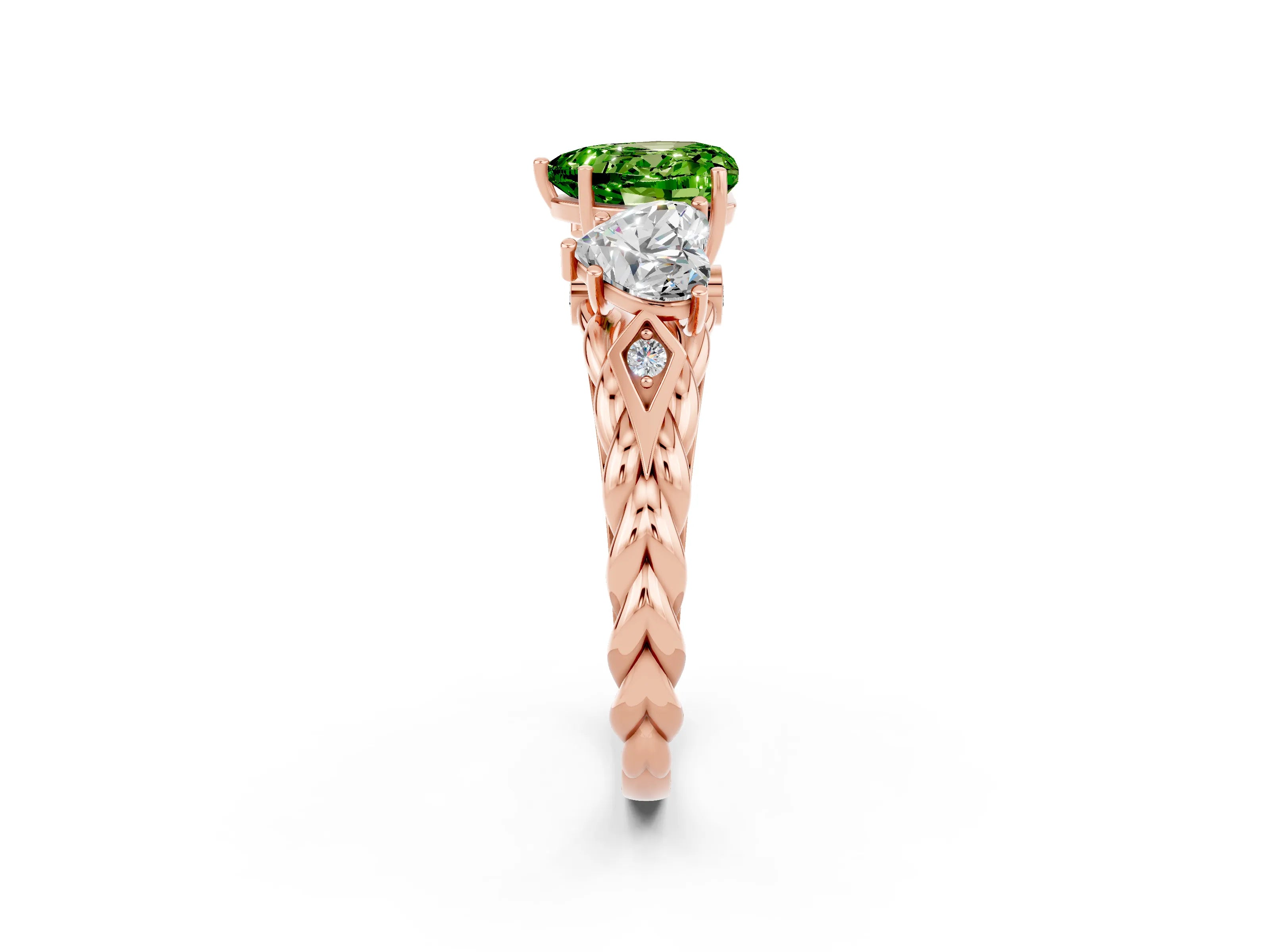 Rose gold Three-Stone Heart Cut Peridot Braided Band Ring with Four-Prong Setting_14