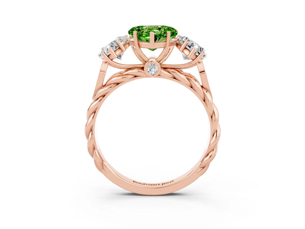Rose gold Three-Stone Heart Cut Peridot Braided Band Ring with Four-Prong Setting