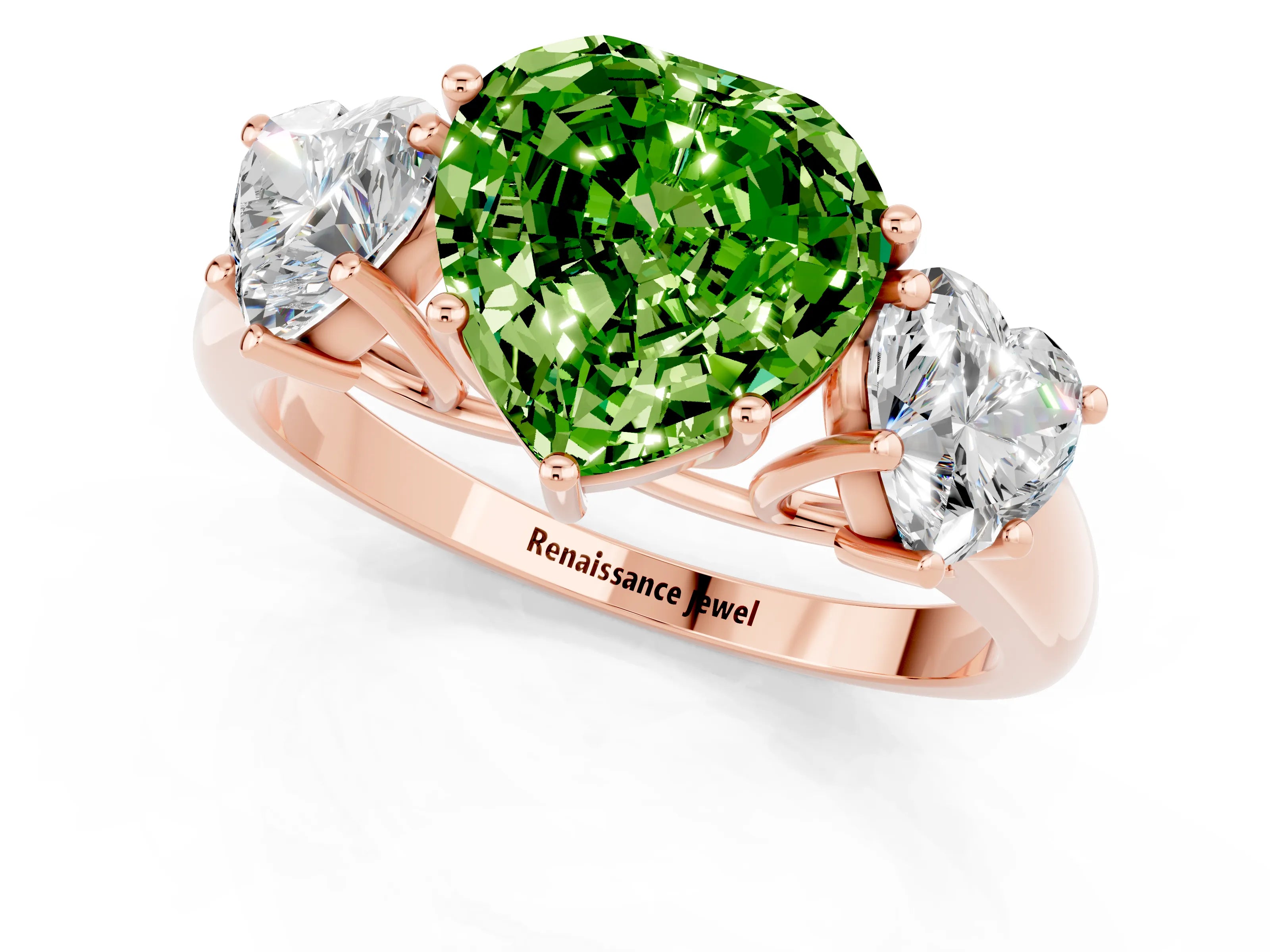 Rose gold Three-Stone Heart Cut Peridot Engagement Ring with Prong Setting_1