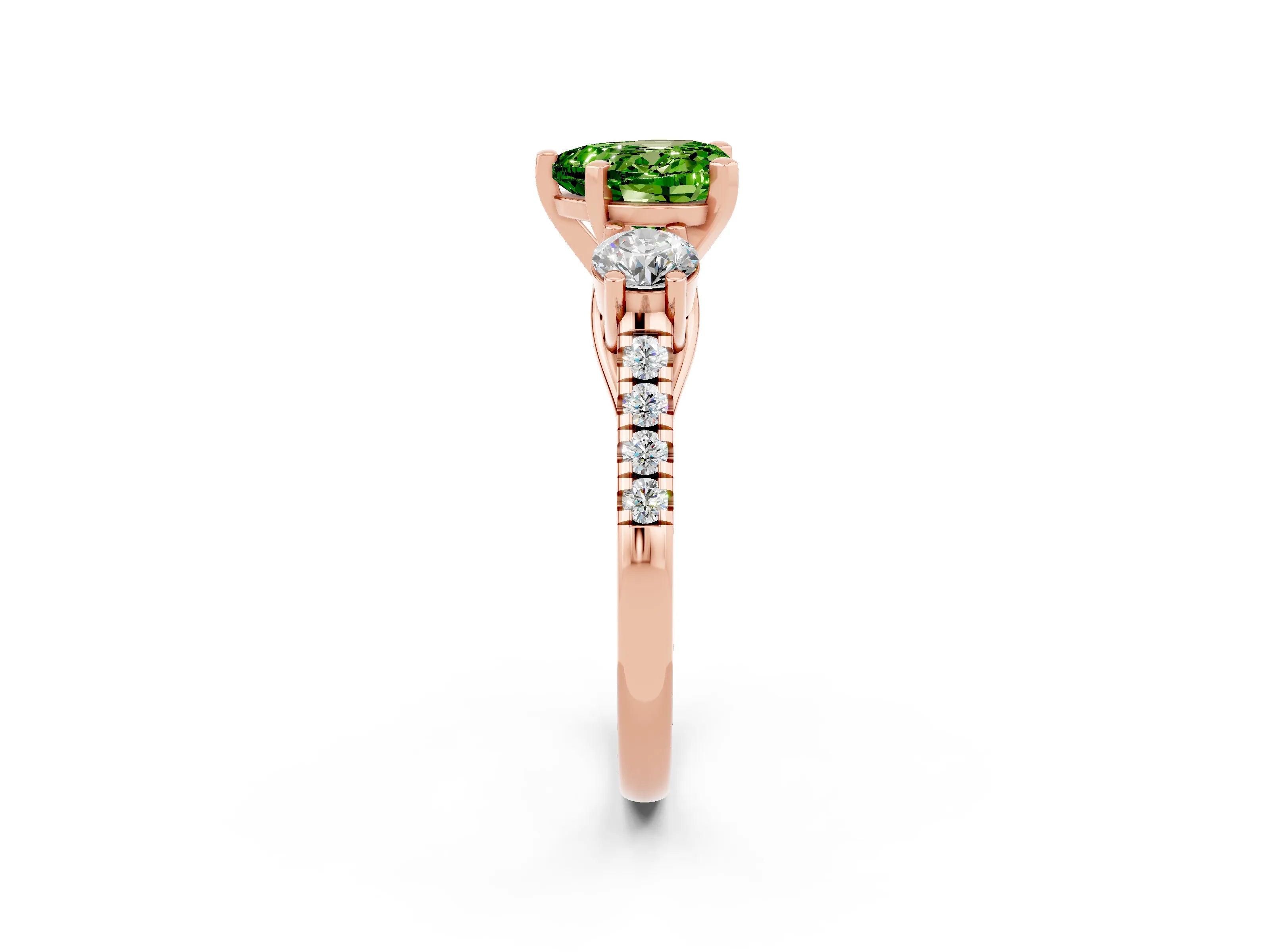 Rose gold Three-Stone Heart Cut Peridot Pavé Band with Four-Prong Setting_2