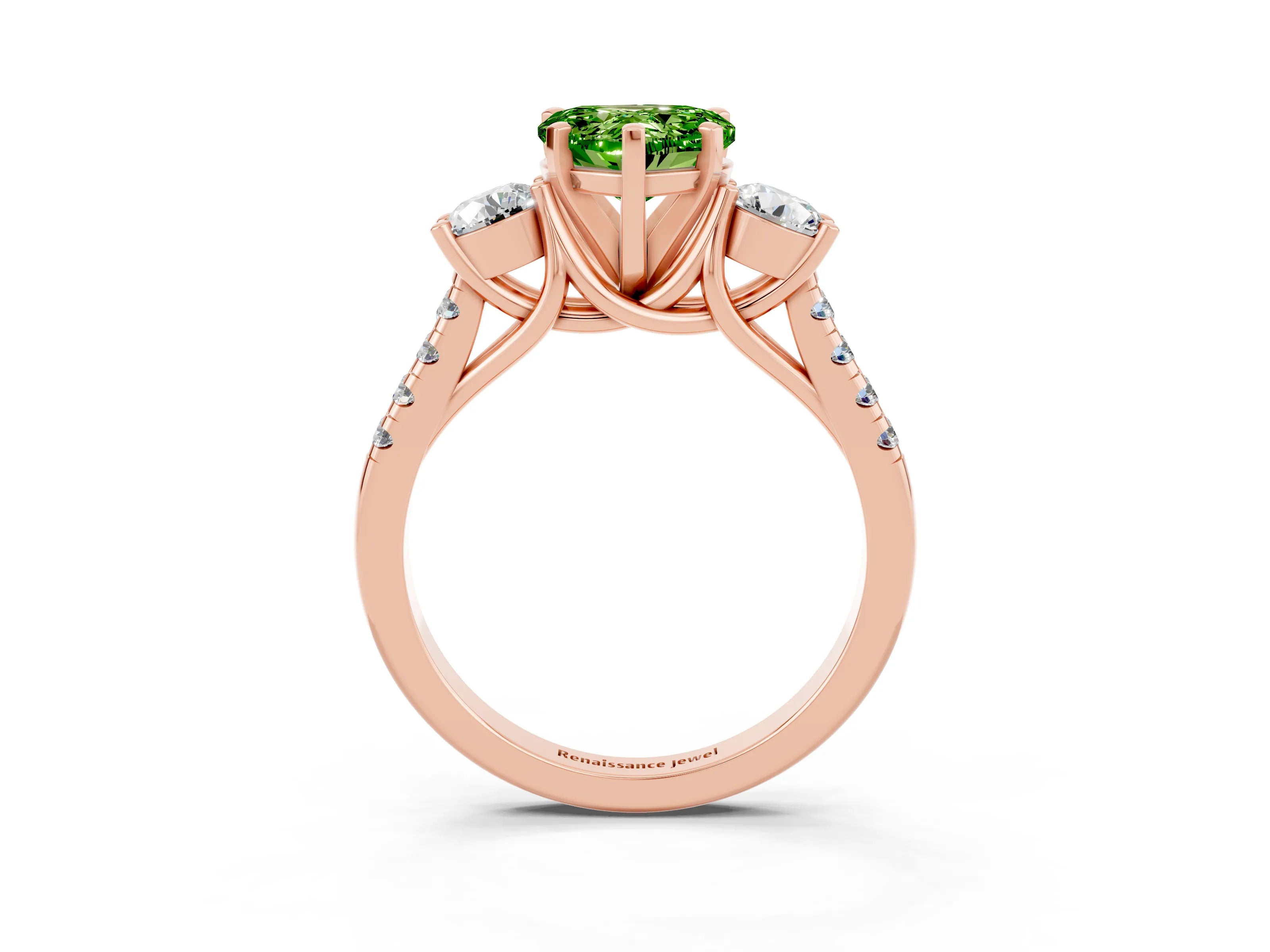 Rose gold Three-Stone Heart Cut Peridot Pavé Band with Four-Prong Setting_3