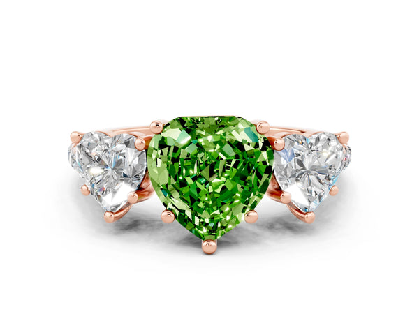 Rose gold Three-Stone Heart Cut Peridot Ring with Round  Pavé Band and Prong Setting