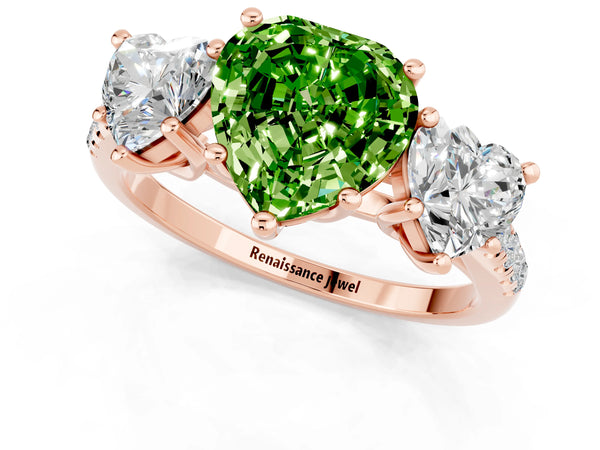 Rose gold Three-Stone Heart Cut Peridot Ring with Round  Pavé Band and Prong Setting