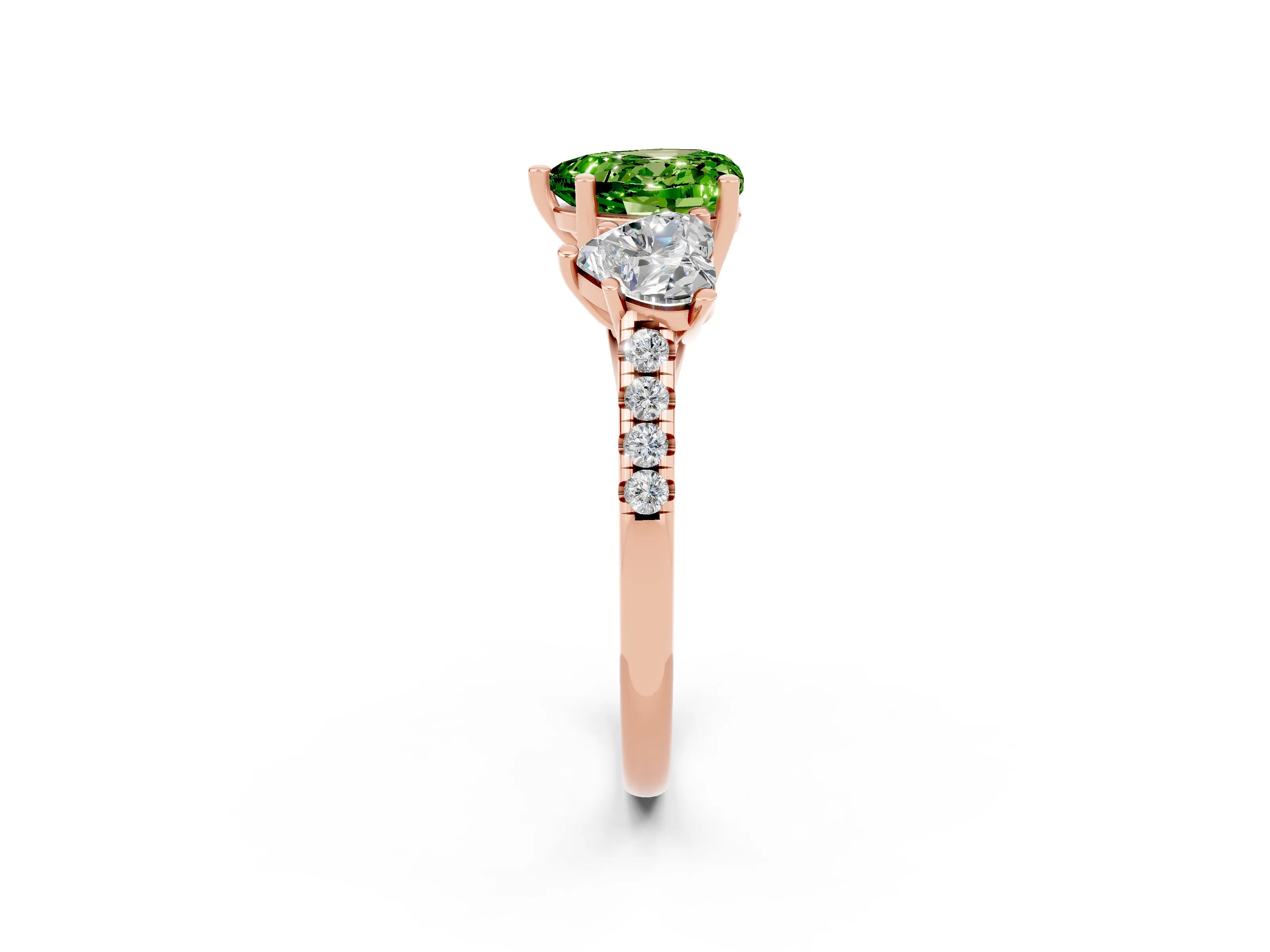 Rose gold Three-Stone Heart Cut Peridot Ring with Pavé Band and Prong Setting_14