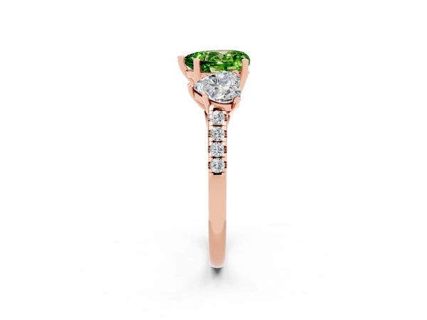Rose gold Three-Stone Heart Cut Peridot Ring with Round  Pavé Band and Prong Setting