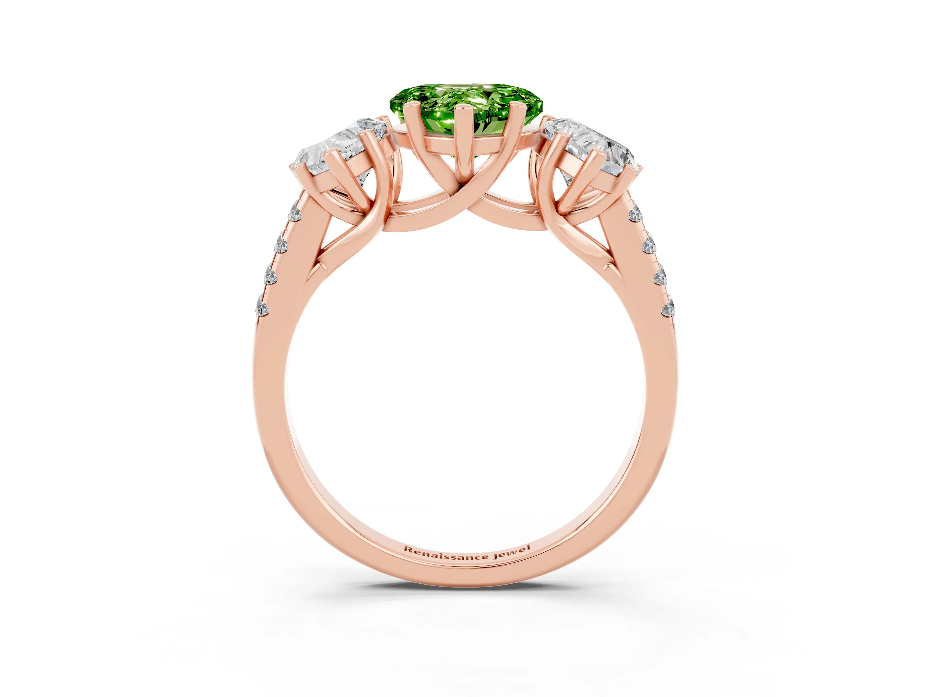 Rose gold Three-Stone Heart Cut Peridot Ring with Pavé Band and Prong Setting_15