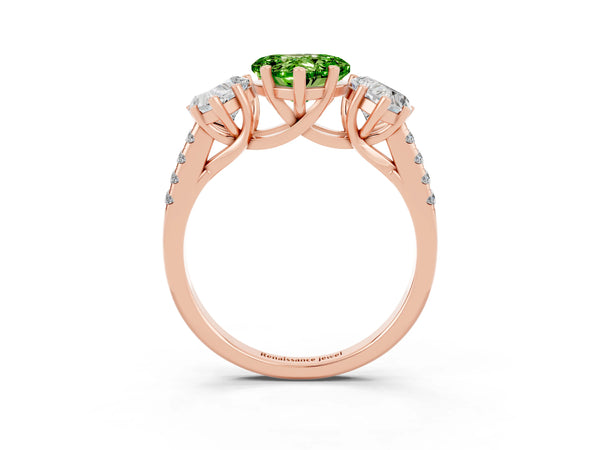 Rose gold Three-Stone Heart Cut Peridot Ring with Round  Pavé Band and Prong Setting