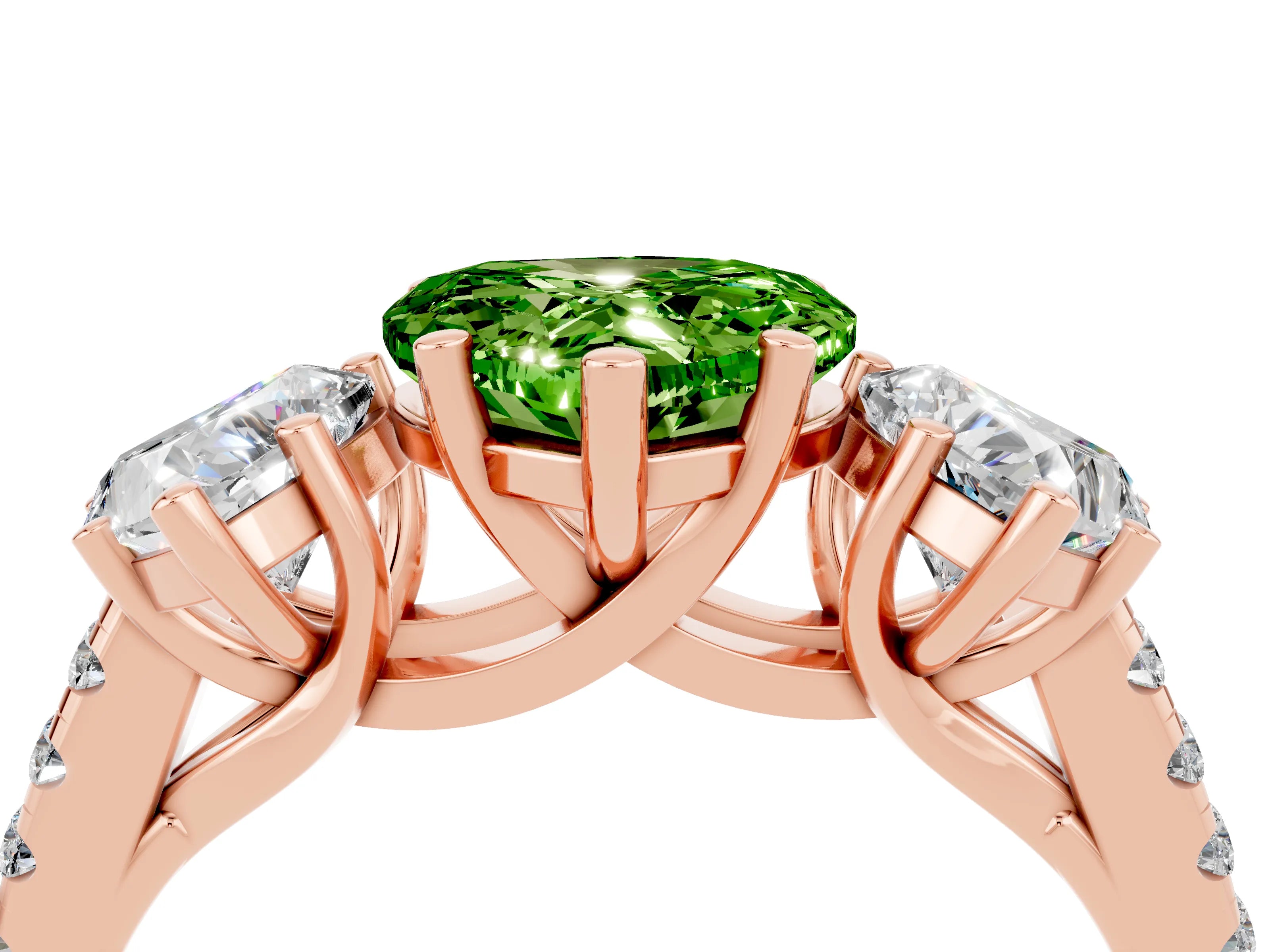 Rose gold Three-Stone Heart Cut Peridot Ring with Pavé Band and Prong Setting_16