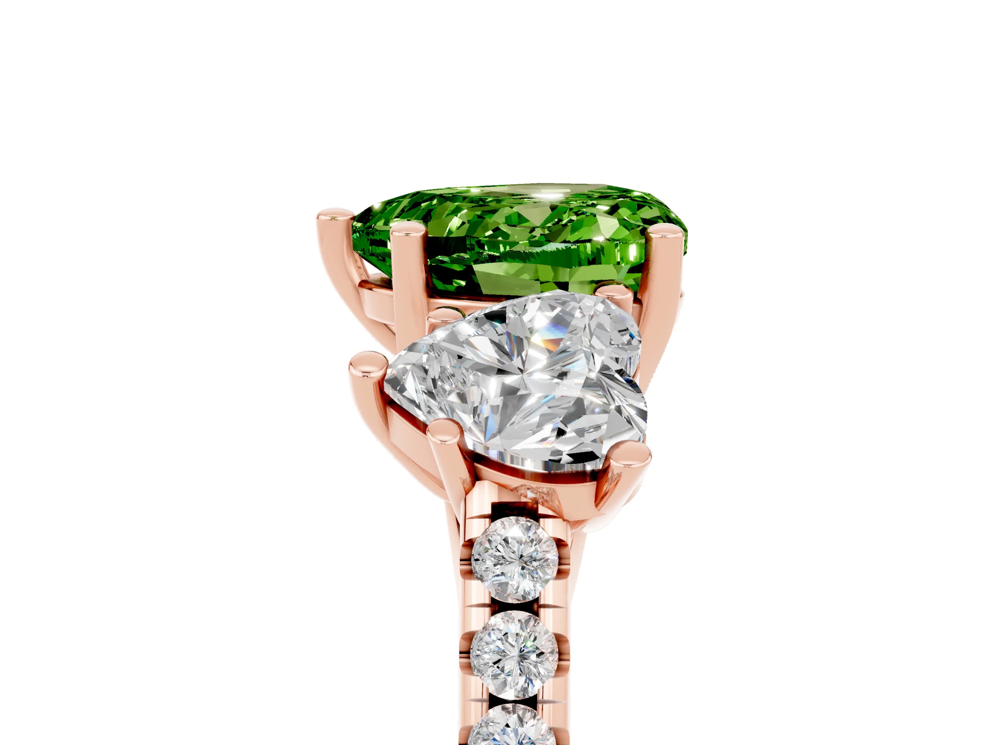 Rose gold Three-Stone Heart Cut Peridot Ring with Pavé Band and Prong Setting_17