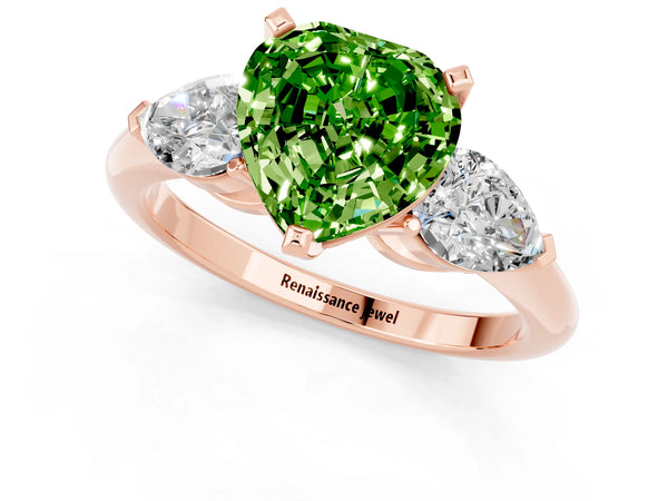 Rose gold Three-Stone Heart Cut Peridot Ring with Pear Side Stones and Four-Prong Setting