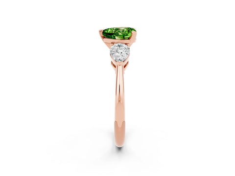 Rose gold Three-Stone Heart Cut Peridot Ring with Pear Side Stones and Four-Prong Setting_2