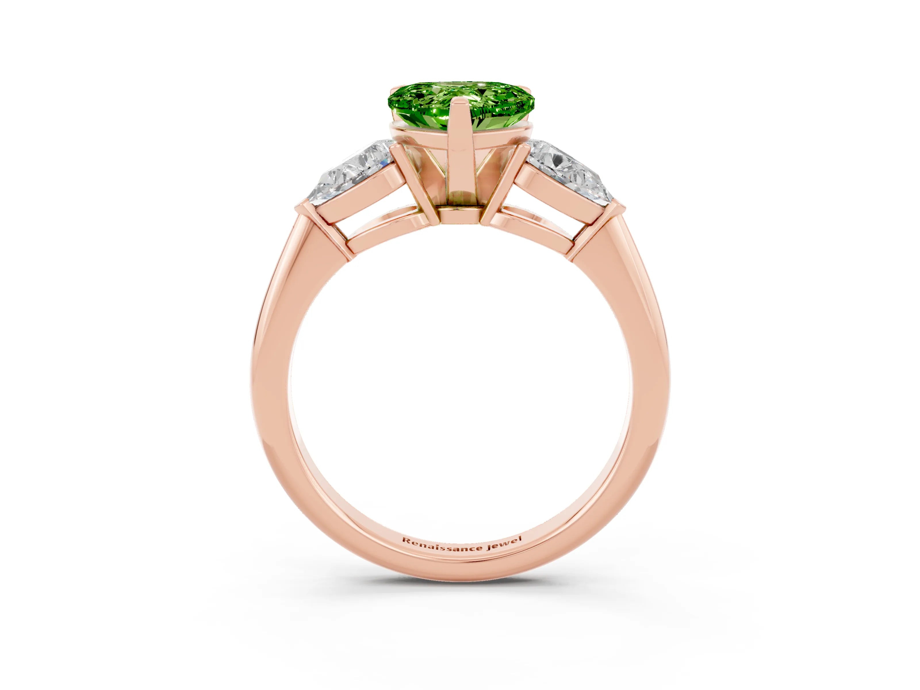 Rose gold Three-Stone Heart Cut Peridot Ring with Pear Side Stones and Four-Prong Setting_3