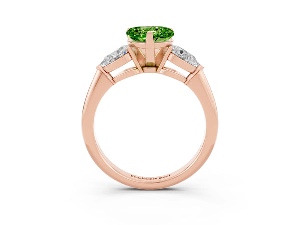 Rose gold Three-Stone Heart Cut Peridot Ring with Pear Side Stones and Four-Prong Setting