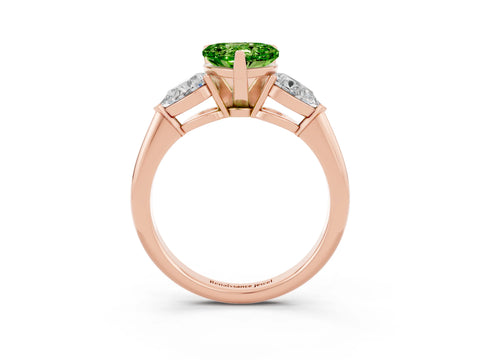Rose gold Three-Stone Heart Cut Peridot Ring with Pear Side Stones and Four-Prong Setting_3