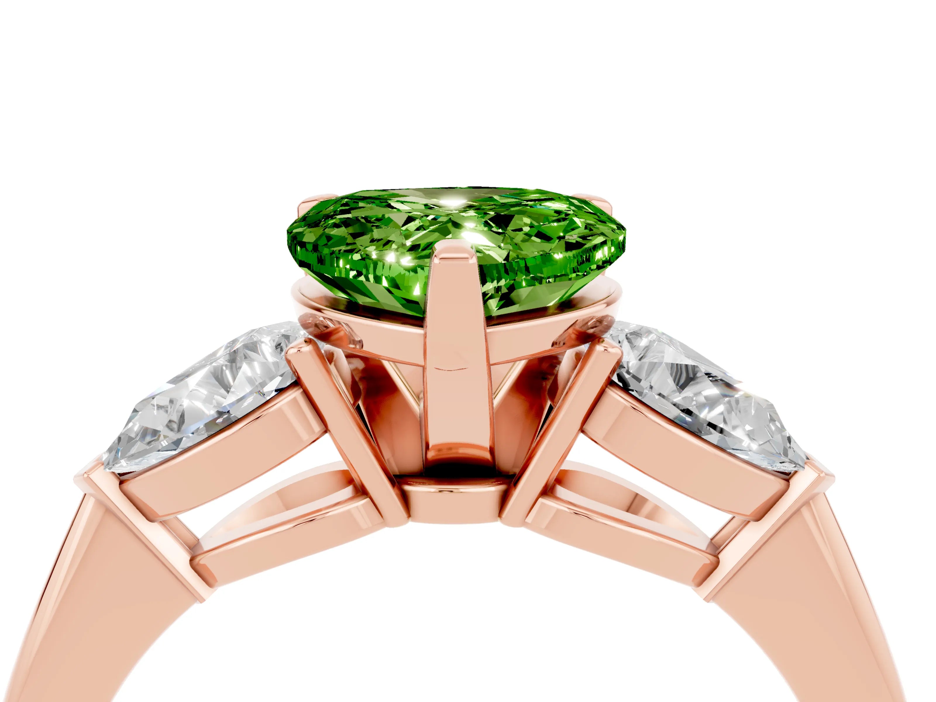 Rose gold Three-Stone Heart Cut Peridot Ring with Pear Side Stones and Four-Prong Setting_4
