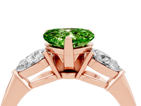 Rose gold Three-Stone Heart Cut Peridot Ring with Pear Side Stones and Four-Prong Setting_4