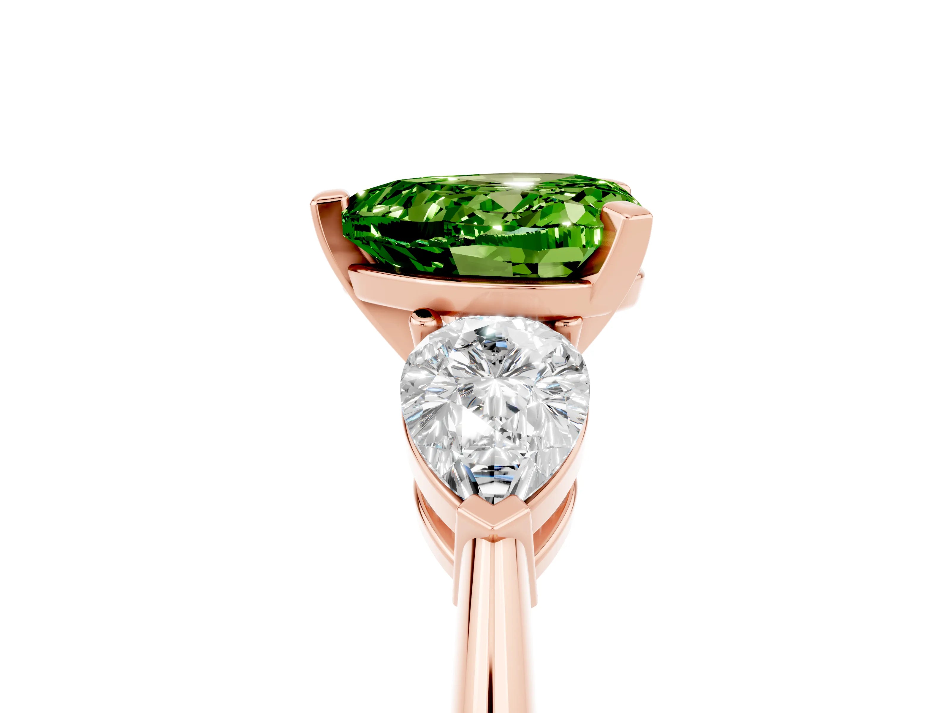 Rose gold Three-Stone Heart Cut Peridot Ring with Pear Side Stones and Four-Prong Setting_5