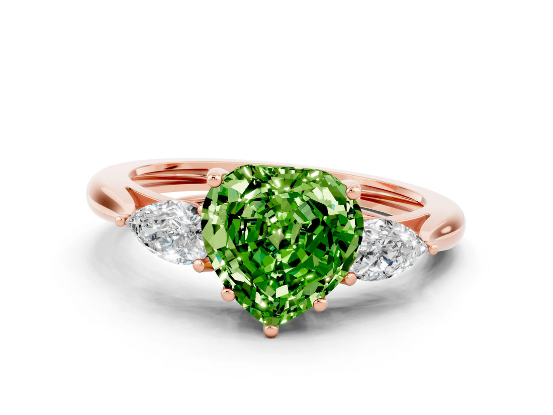 Rose gold Three-Stone Heart Cut Peridot Ring with Pear  Side Stones in Four-Prong Setting_12