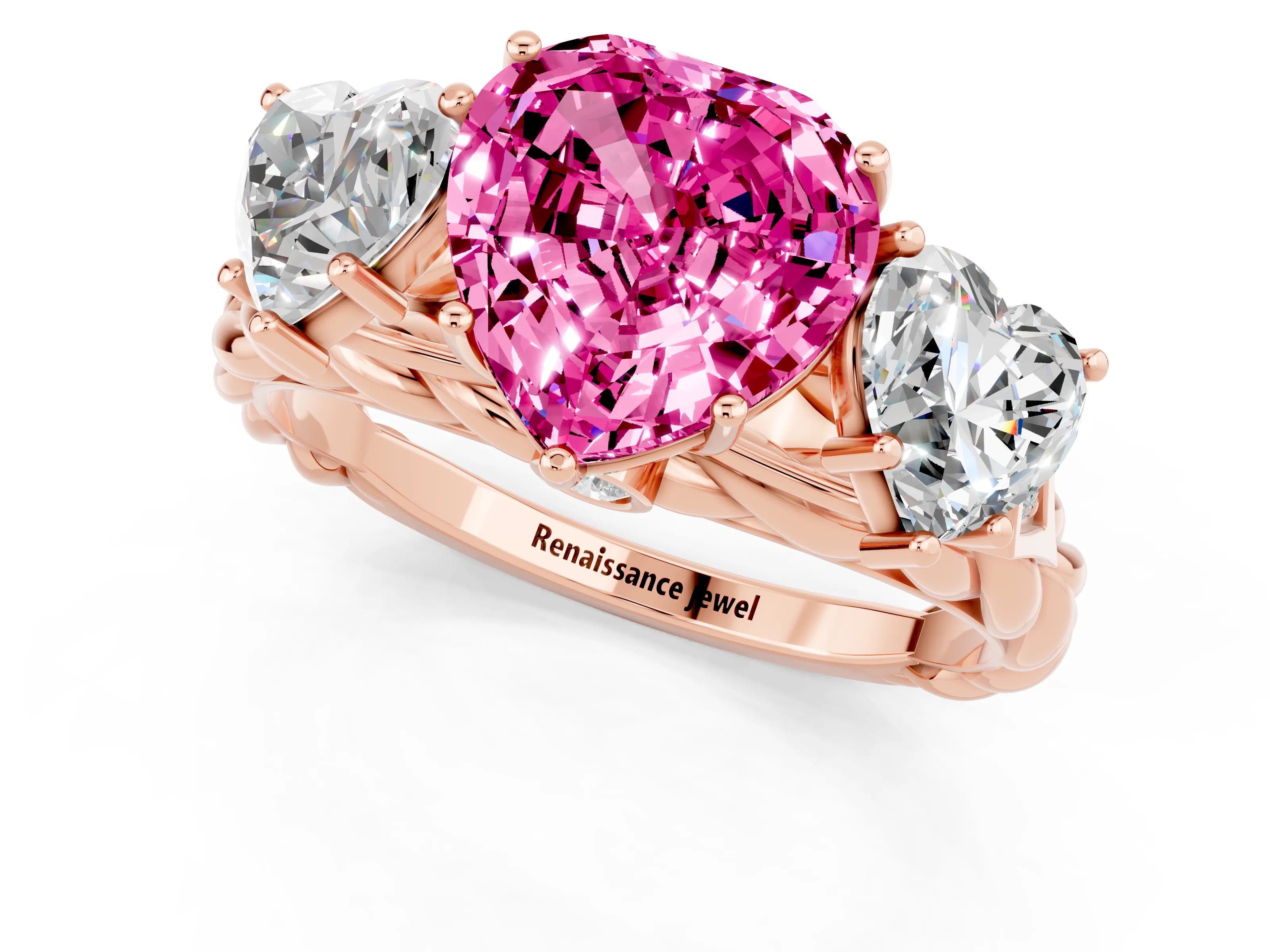 Rose gold Three-Stone Heart Cut Pink Sapphire Braided Band Ring with Four-Prong Setting_37