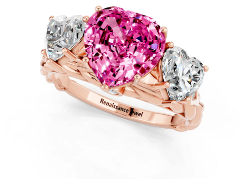 Rose gold Three-Stone Heart Cut Pink Sapphire Braided Band Ring with Four-Prong Setting_37