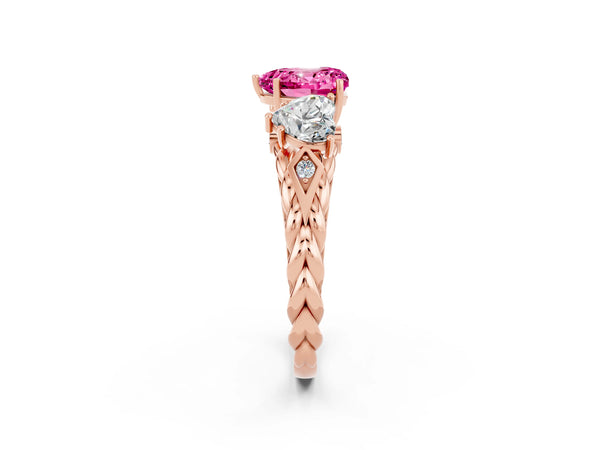 Rose gold Three-Stone Heart Cut Pink Sapphire Braided Band Ring with Four-Prong Setting