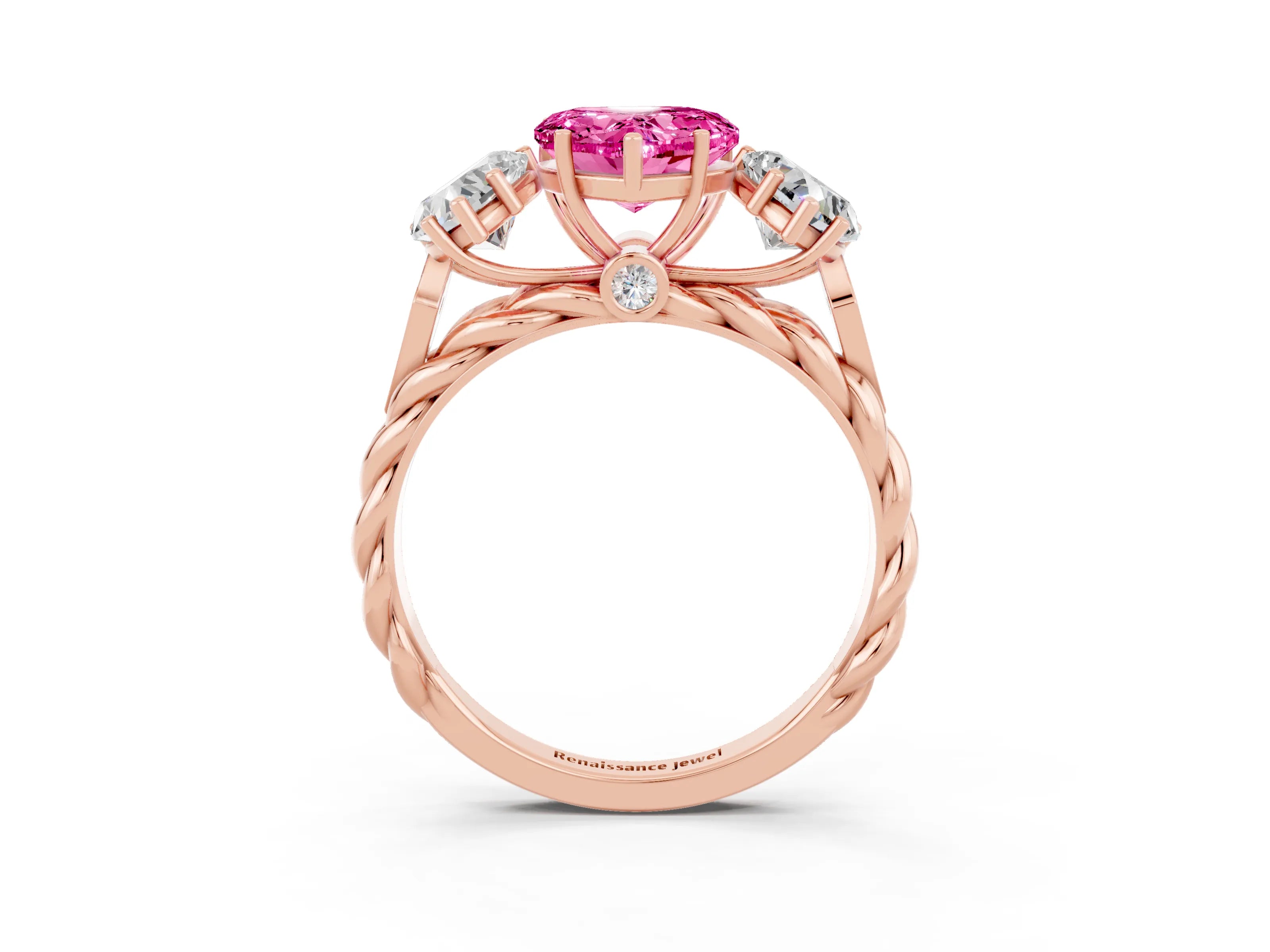 Rose gold Three-Stone Heart Cut Pink Sapphire Braided Band Ring with Four-Prong Setting_39
