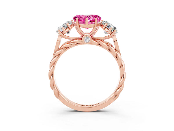 Rose gold Three-Stone Heart Cut Pink Sapphire Braided Band Ring with Four-Prong Setting