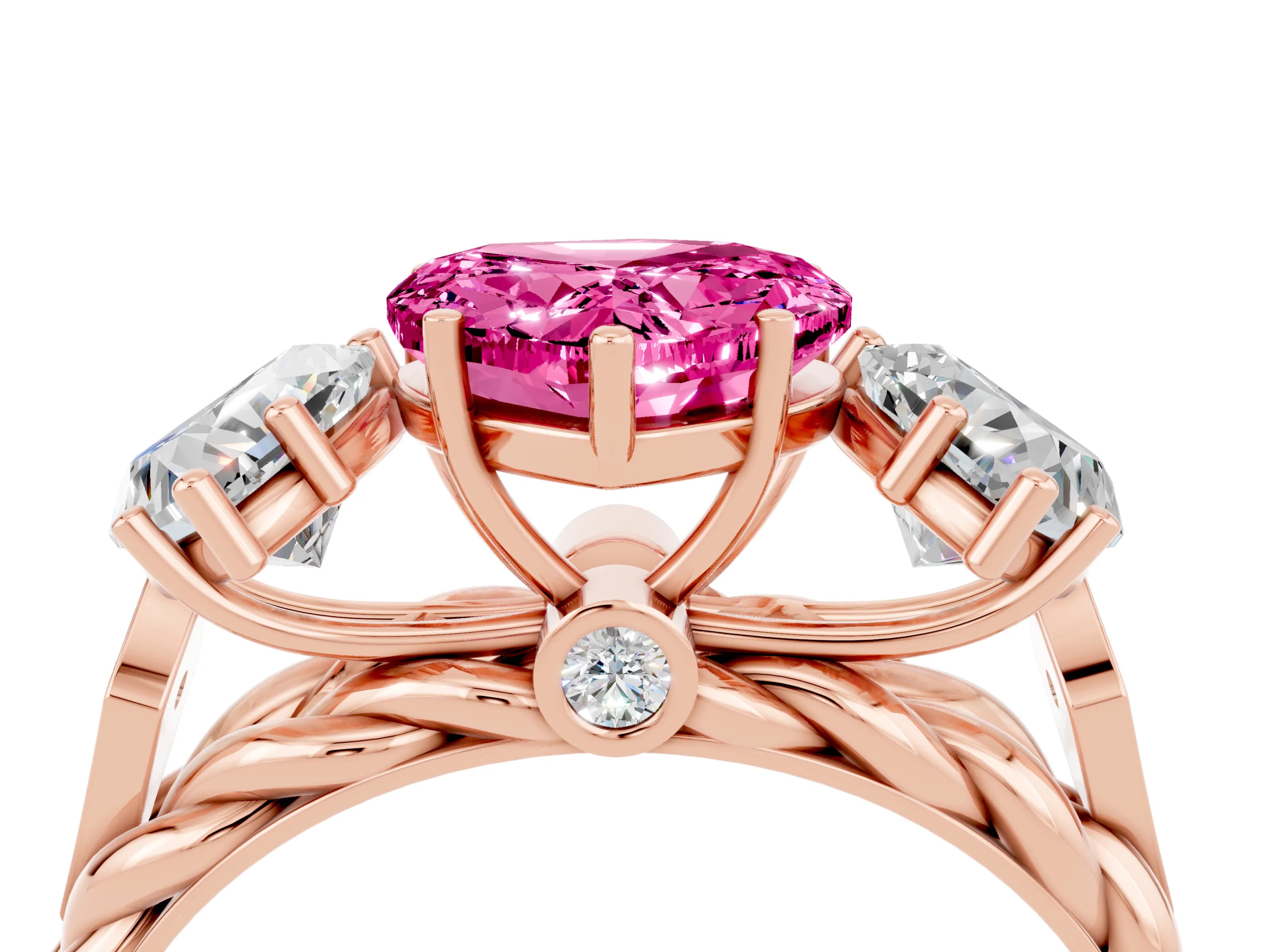 Rose gold Three-Stone Heart Cut Pink Sapphire Braided Band Ring with Four-Prong Setting_40
