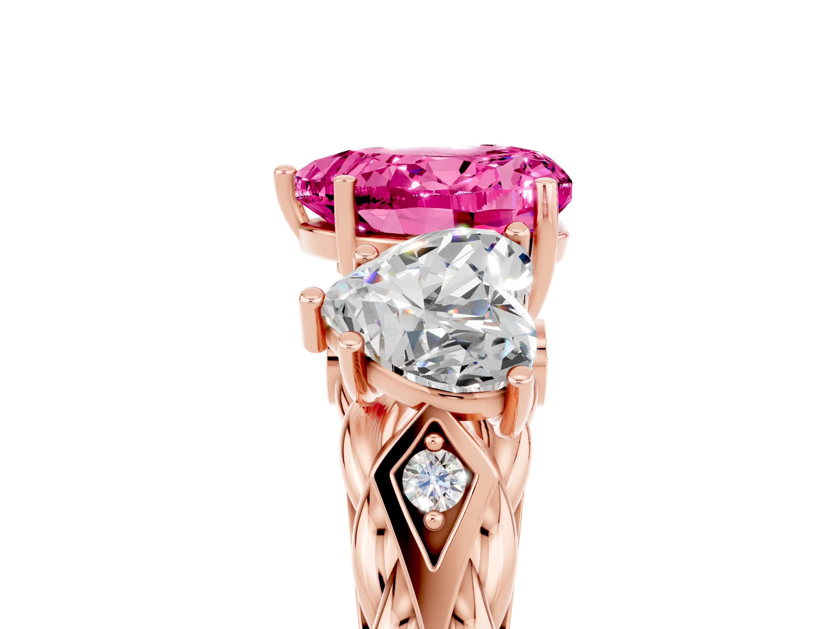Rose gold Three-Stone Heart Cut Pink Sapphire Braided Band Ring with Four-Prong Setting_41