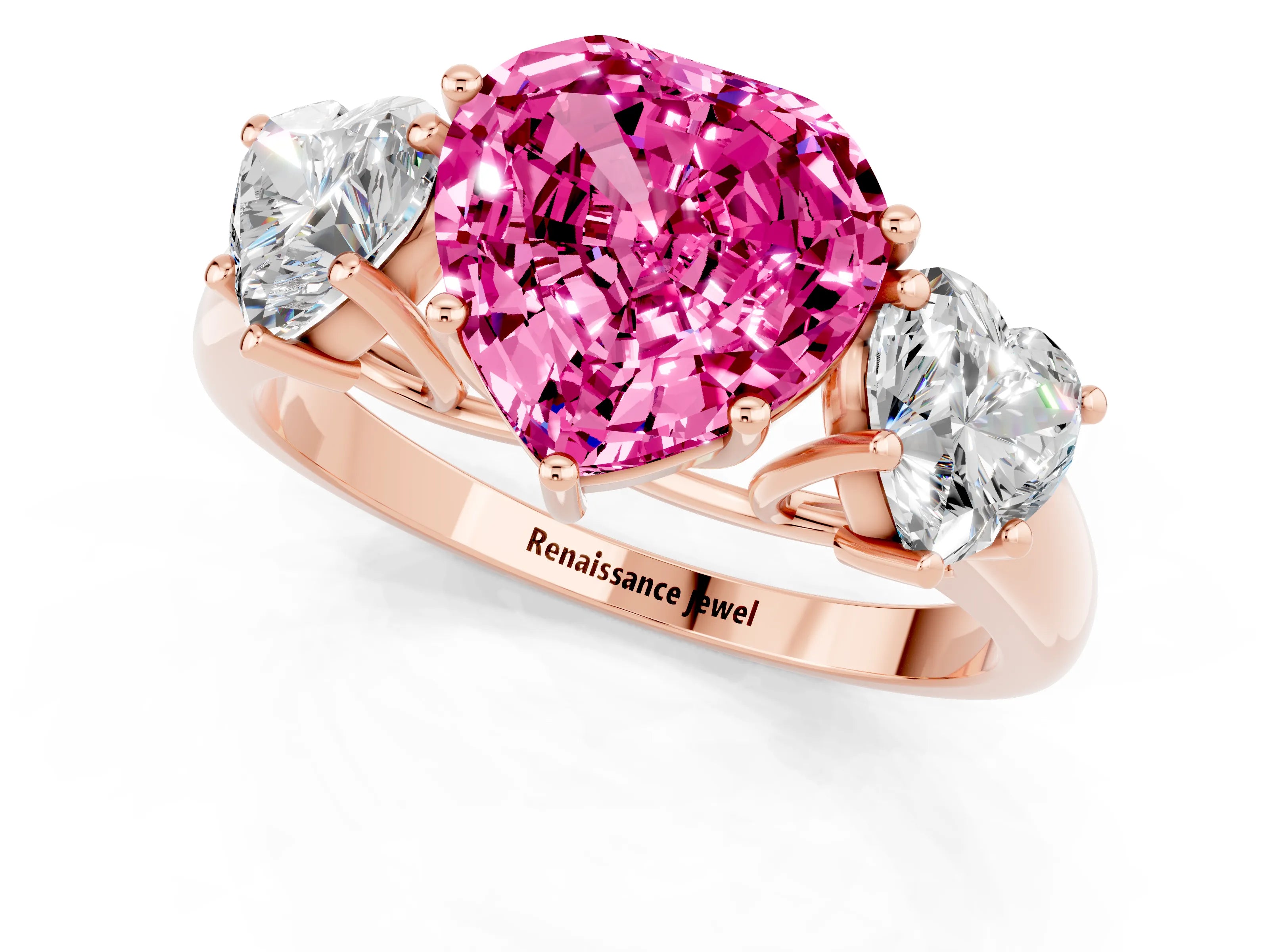 Rose gold Three-Stone Heart Cut Pink Sapphire Engagement Ring with Prong Setting_1