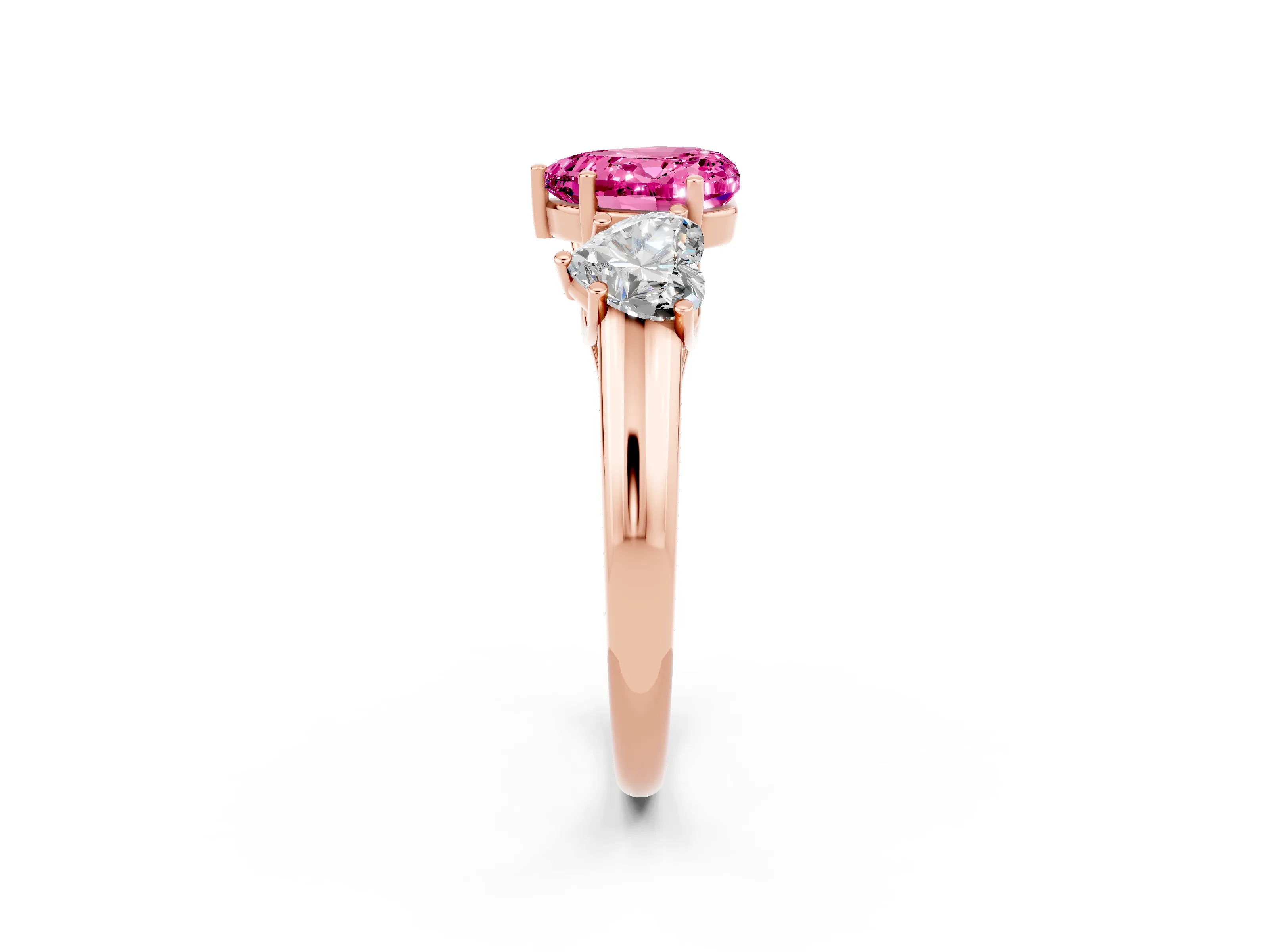 Rose gold Three-Stone Heart Cut Pink Sapphire Engagement Ring with Prong Setting_2