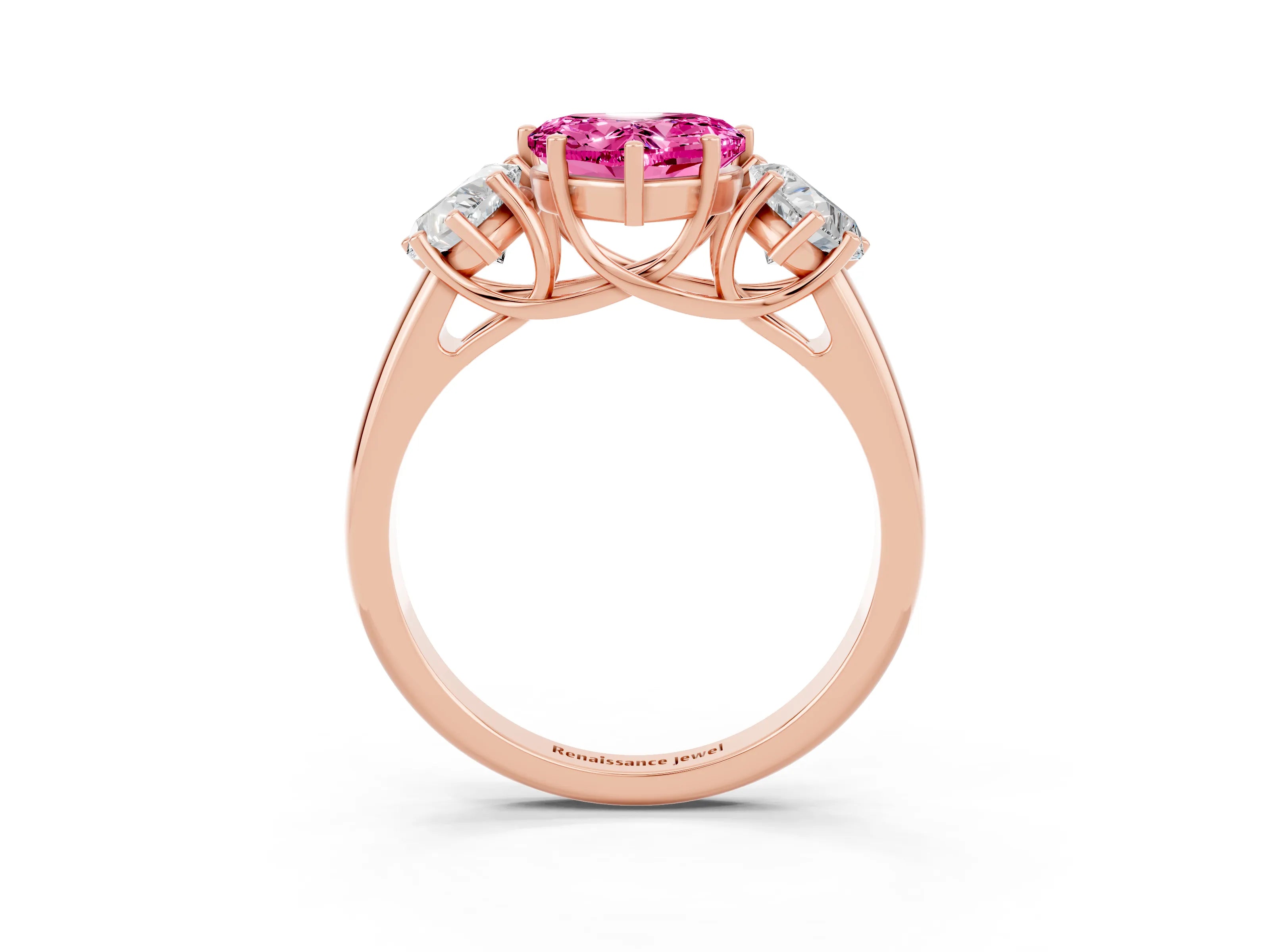 Rose gold Three-Stone Heart Cut Pink Sapphire Engagement Ring with Prong Setting_3