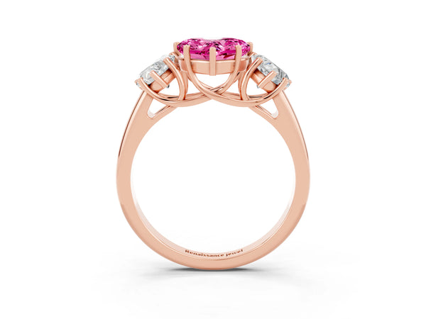 Rose gold Three-Stone Heart Cut Pink Sapphire Engagement Ring with Prong Setting