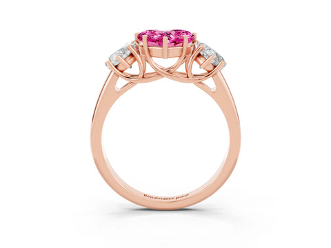 Rose gold Three-Stone Heart Cut Pink Sapphire Engagement Ring with Prong Setting_3