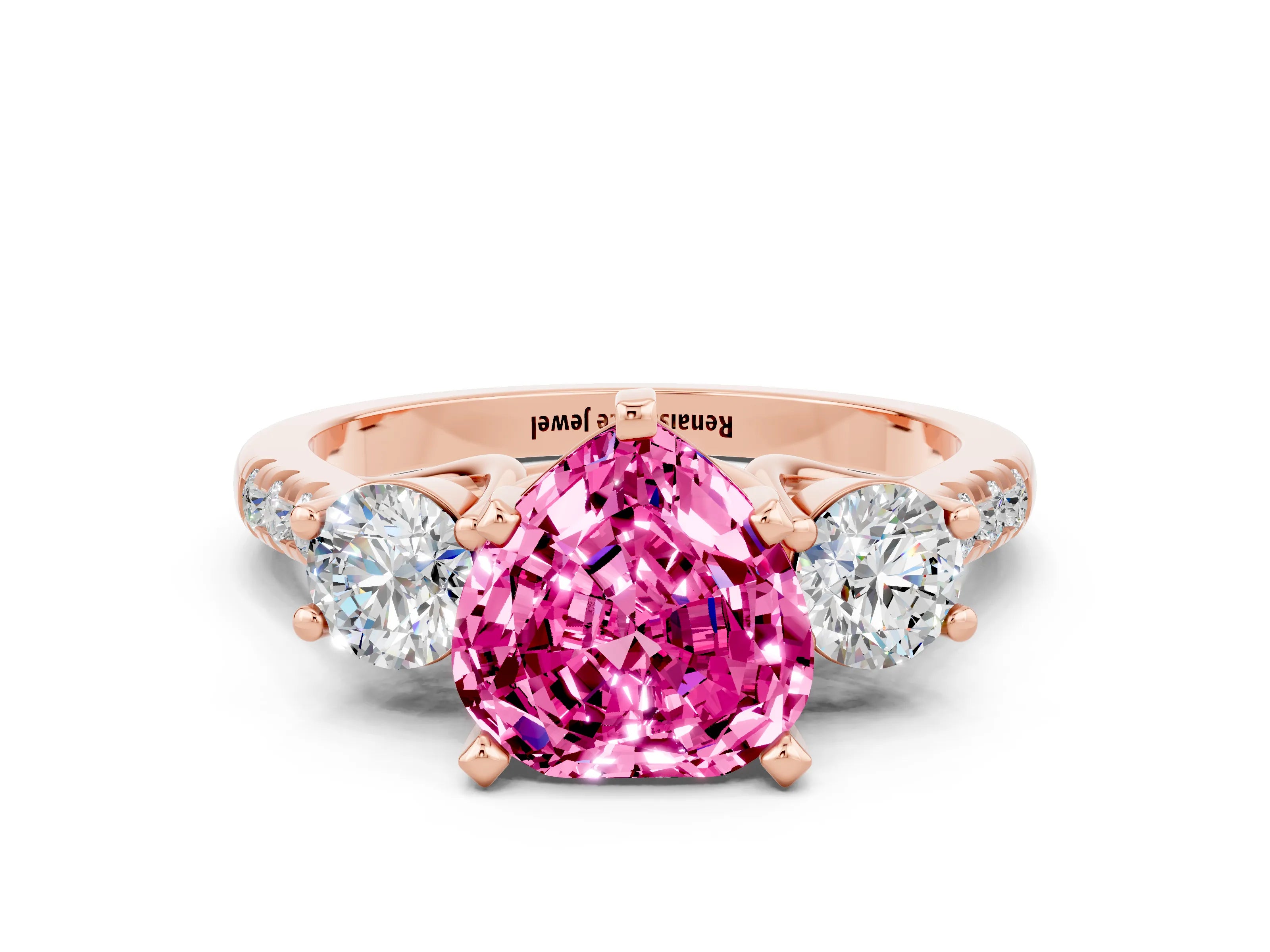 Rose gold Three-Stone Heart Cut Pink Sapphire Pavé Band with Four-Prong Setting_24
