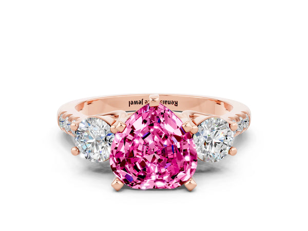 Rose gold Three-Stone Heart Cut Pink Sapphire Pavé Band with Four-Prong Setting