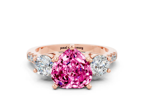 Rose gold Three-Stone Heart Cut Pink Sapphire Pavé Band with Four-Prong Setting_24