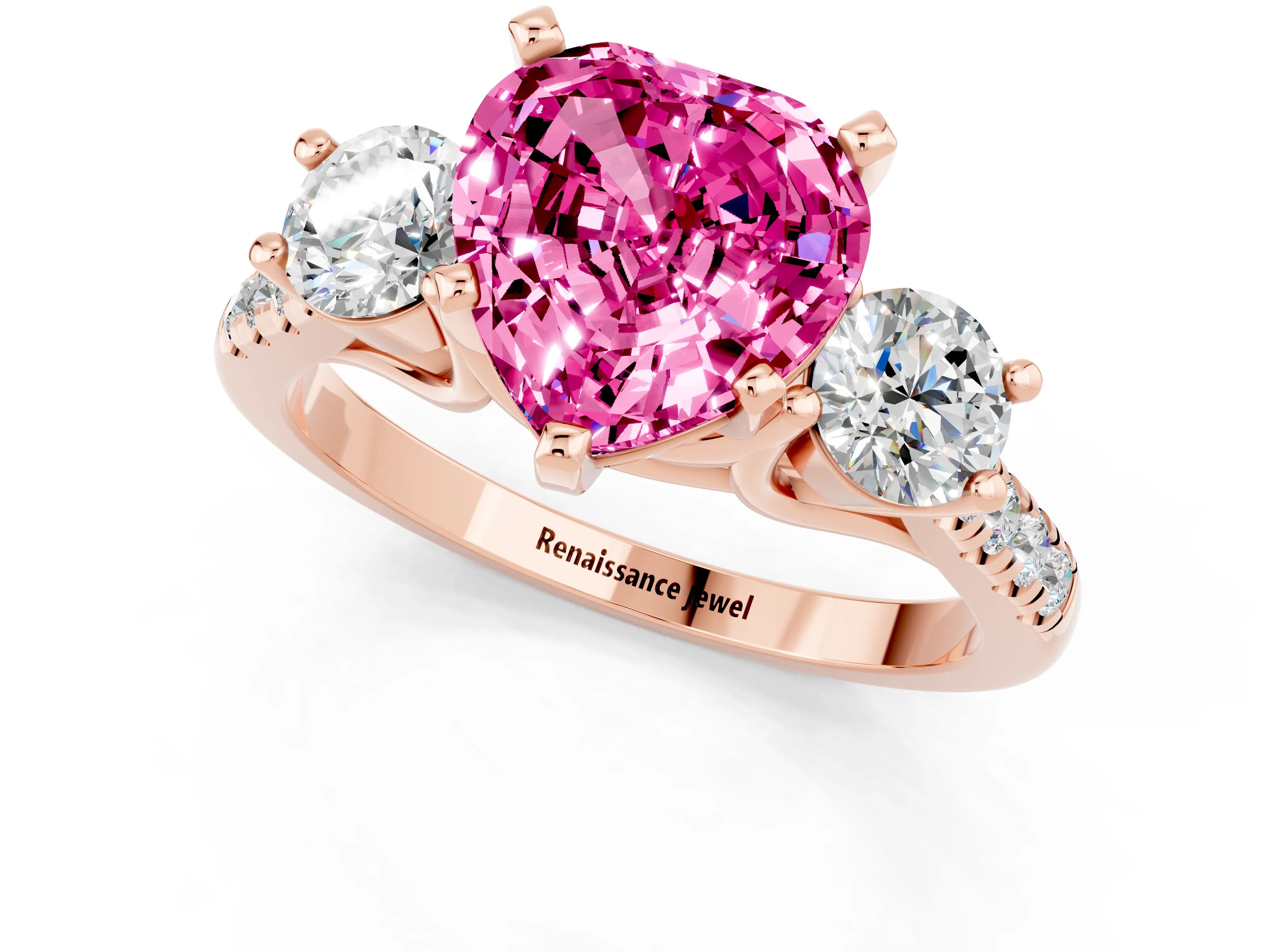 Rose gold Three-Stone Heart Cut Pink Sapphire Pavé Band with Four-Prong Setting_25