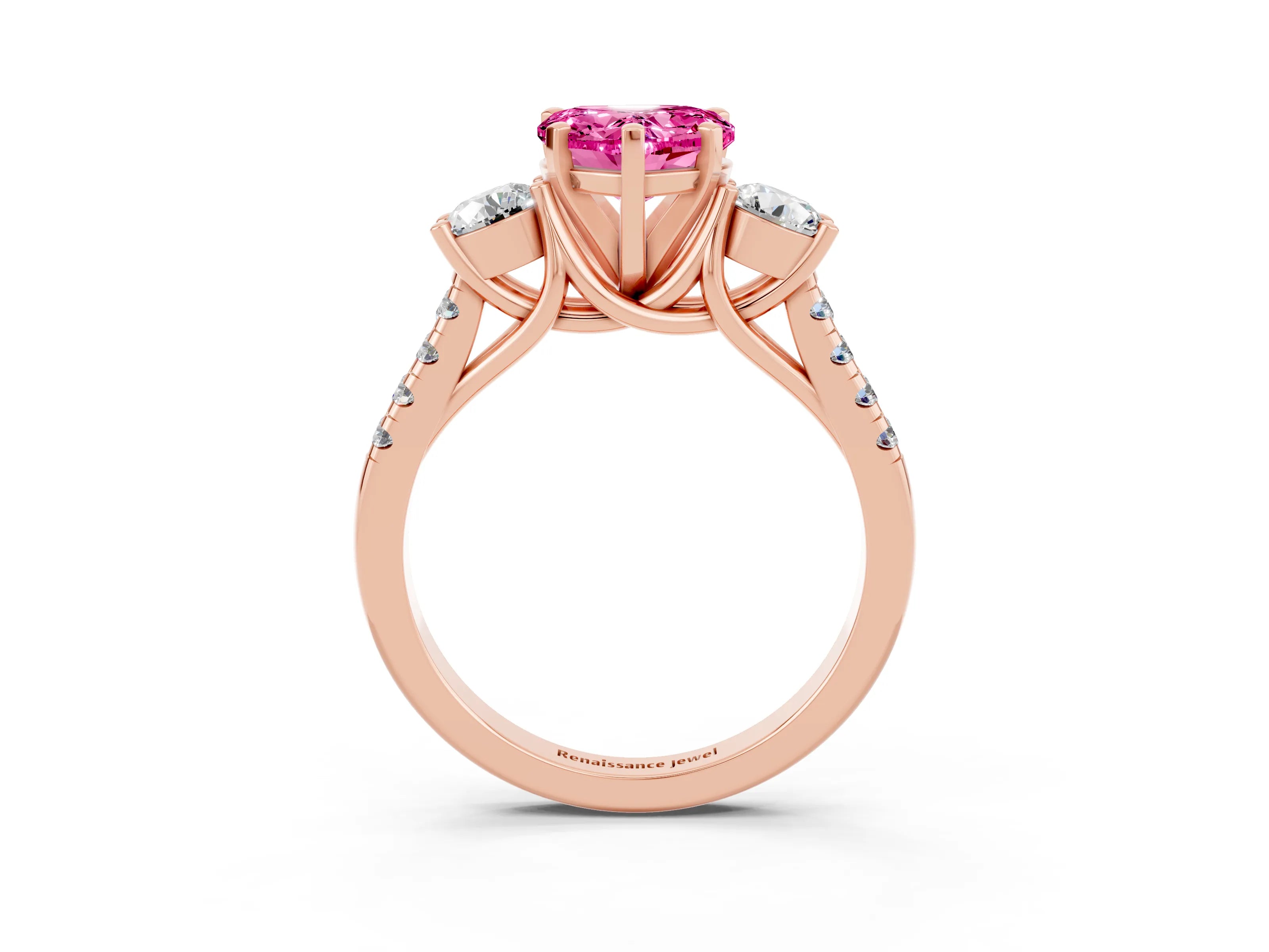 Rose gold Three-Stone Heart Cut Pink Sapphire Pavé Band with Four-Prong Setting_27