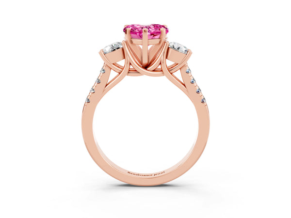 Rose gold Three-Stone Heart Cut Pink Sapphire Pavé Band with Four-Prong Setting