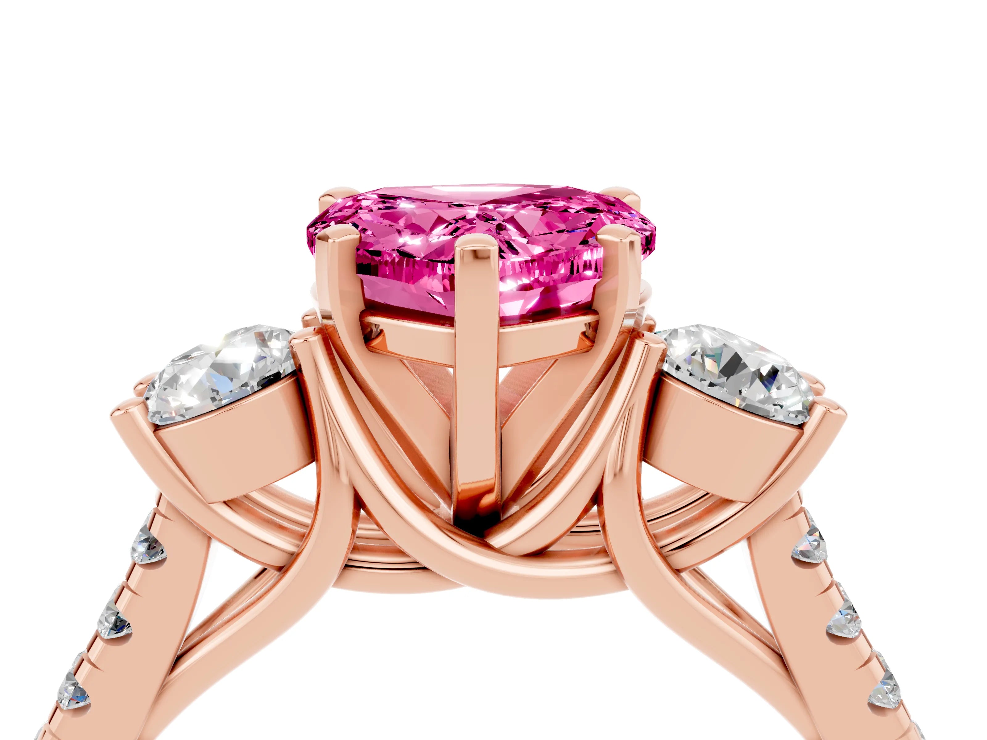 Rose gold Three-Stone Heart Cut Pink Sapphire Pavé Band with Four-Prong Setting_28