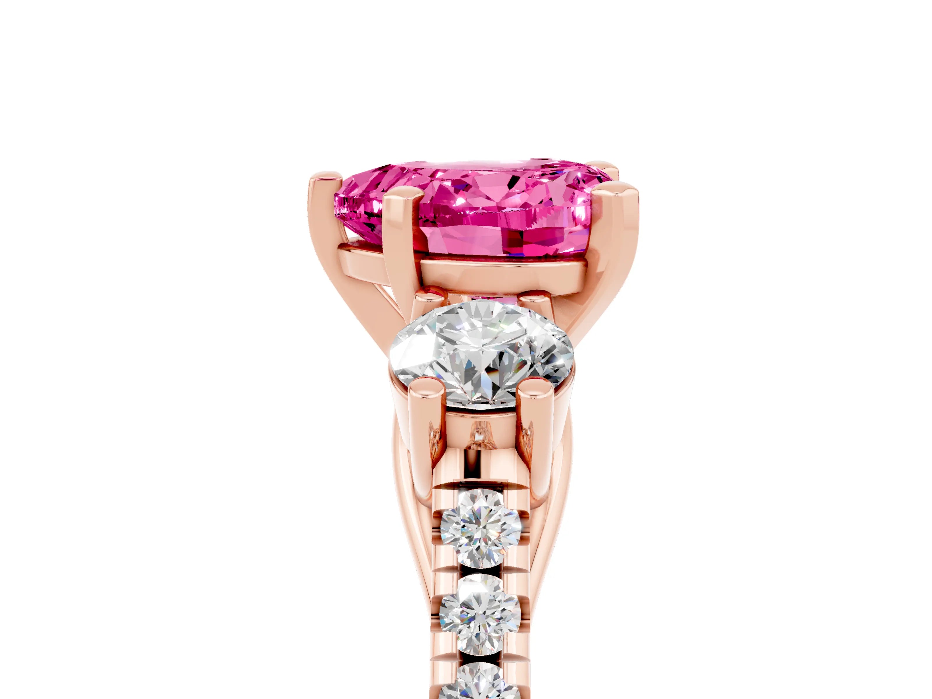 Rose gold Three-Stone Heart Cut Pink Sapphire Pavé Band with Four-Prong Setting_29
